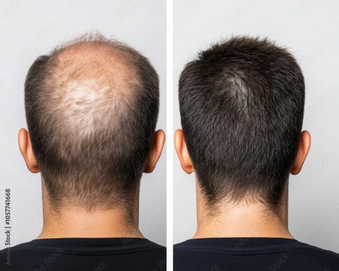 Avant après hair system : tonsure arrière comblée, vue de dos